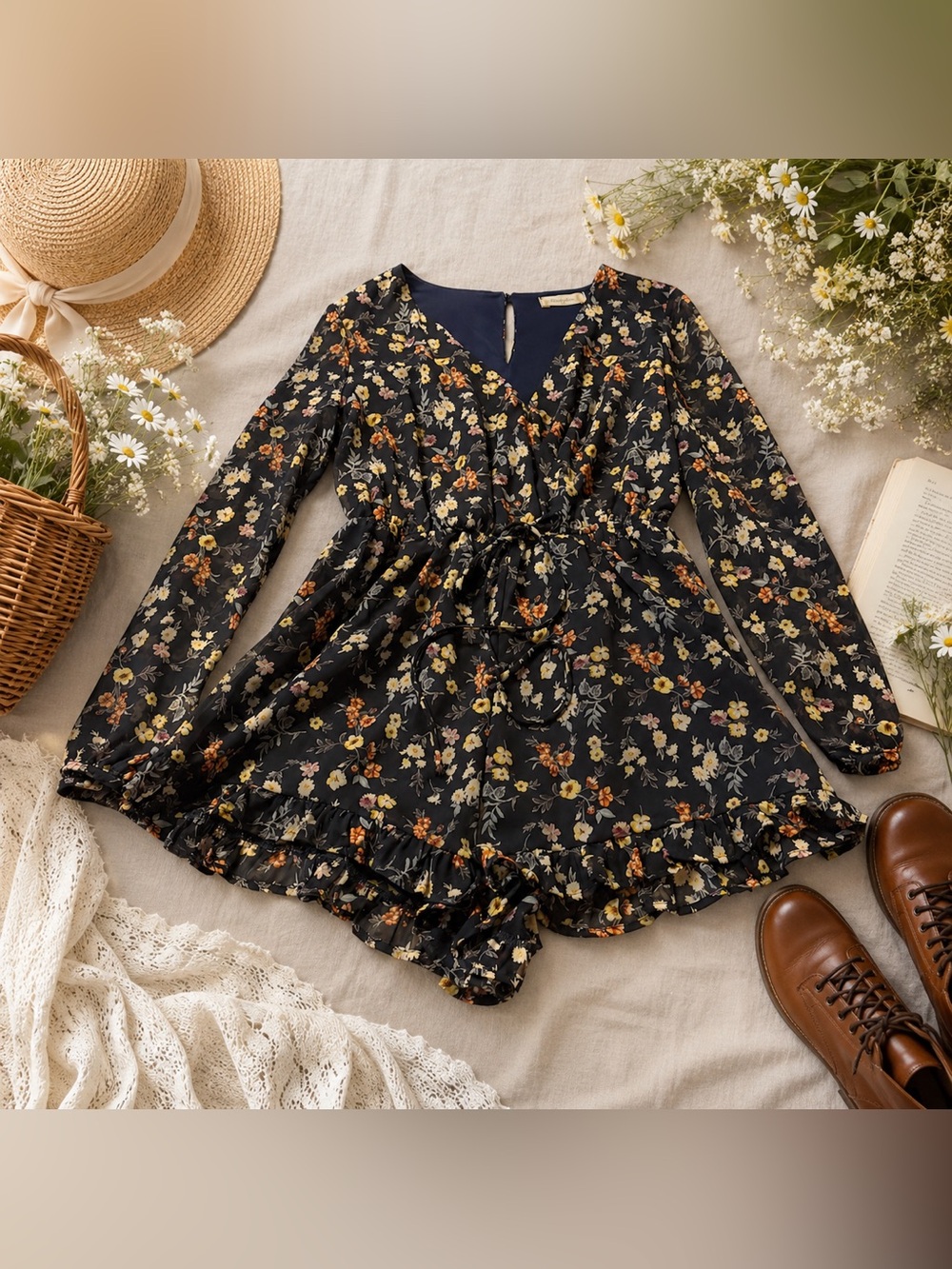 Altar’d State Floral Ruffle Romper Cottage-core V-Neck Puff Sleeve Medium EUC